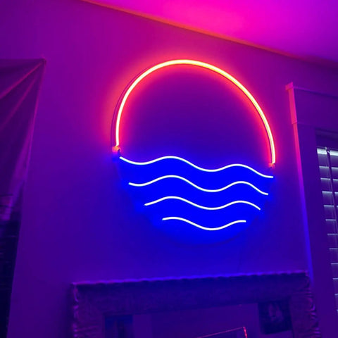 Tropical Sunset Sea LED Neon Sign 12x12 Inches Handmade Wall Decor USB Powered Night Light with red glow in bedroom setting.