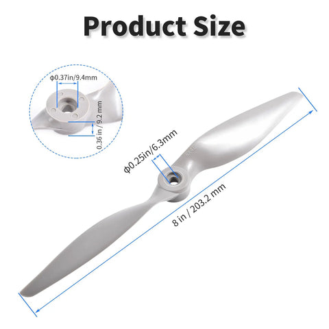 Two Pack 8040 8x4 Propellers CCW Gray Nylon Drone Props For RC Quadcopter Durable Lightweight Low Vibration Props For Stunt Planes Gliders Flying Wings Delta Wings And Drones Ideal For FPV And Training with dimensions shown