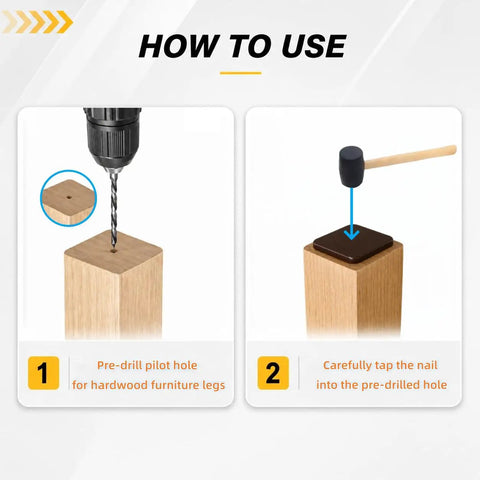 Step-by-step installation of PTFE Chair Leg Sliders For Carpet Surface 1 Inch Square Nail On Glides Brown 40 Pack