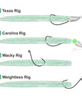 Illustration of Texas, Carolina, Wacky, and Weightless rigs using Bass Fishing Lure Kit With 30 Senko Worms In 5 Inch Size.