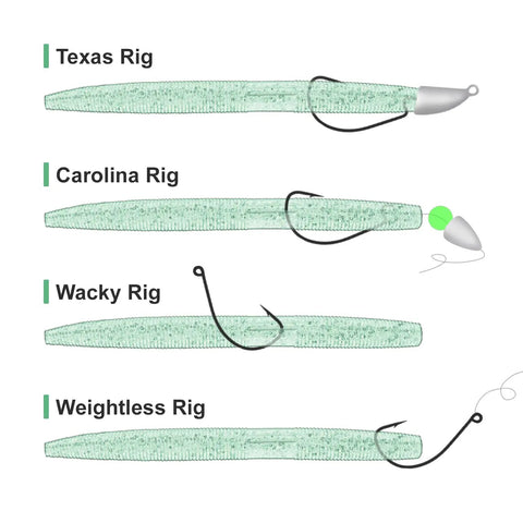 Illustration of Texas, Carolina, Wacky, and Weightless rigs using Bass Fishing Lure Kit With 30 Senko Worms In 5 Inch Size.