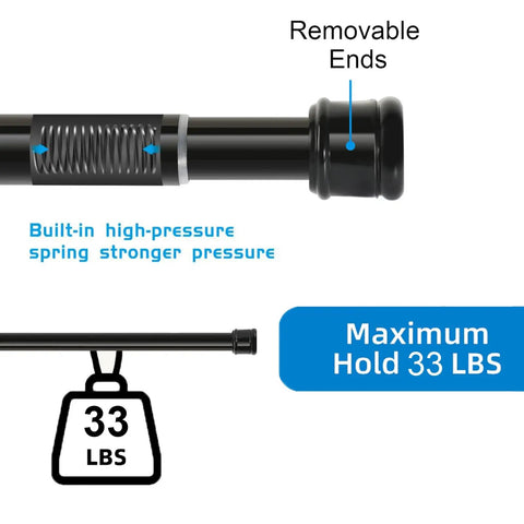 No Sectional Assembly Tension Curtain Rod 56 To 104 Inches 1 Inch Diameter Adjustable Shower Rod, black, removable ends, holds up to 33 lbs.