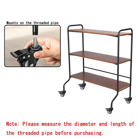 Heavy Duty Caster Wheels Set of Four with 360 Degree Swivel Rolling Smooth as Butter on Silent Polyurethane Treads mounted on a shelf unit.