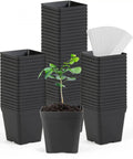 Stack of Square Nursery Pots 3.3 Inch Flexible Plastic Seedling Pots with plant and 100 Waterproof Plant Labels, Pack of 100 shown