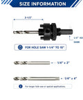Heavy Duty Bimetal Hole Saw Arbor Mandrel With Rock Solid 3/8 Inch Hex Shank Adapter, includes 1/4" pilot bits, size info.