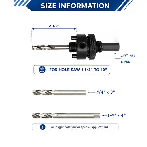 Heavy Duty Bimetal Hole Saw Arbor Mandrel With Rock Solid 3/8 Inch Hex Shank Adapter, includes 1/4" pilot bits, size info.