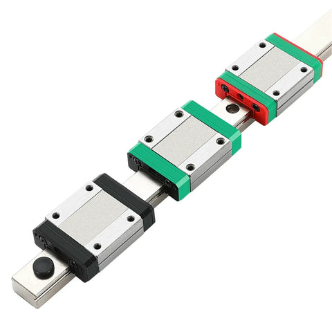 Smashing 12mm Linear Guide Rail Block Set MGN12H Precision Slider For CNC Build With Smooth Motion In Multiple Lengths From 333mm To Full Size, showcasing green, black, and red rail blocks on a linear rail.