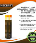 Minecraft Brownstone Torch Lamp 11.5 Inch LED Night Light with USB Charging Port, wall-mountable, officially licensed design.