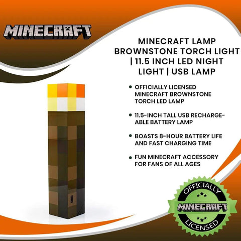 Minecraft Brownstone Torch Lamp 11.5 Inch LED Night Light with USB Charging Port, wall-mountable, officially licensed design.