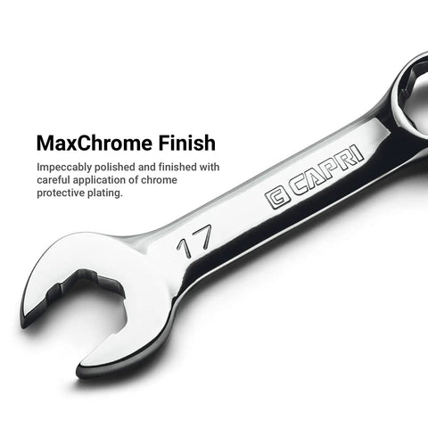 WaveDrive Pro 20-Piece Stubby Combination Wrench Set For Metric And SAE Bolts, close-up of wrench head with MaxChrome finish.