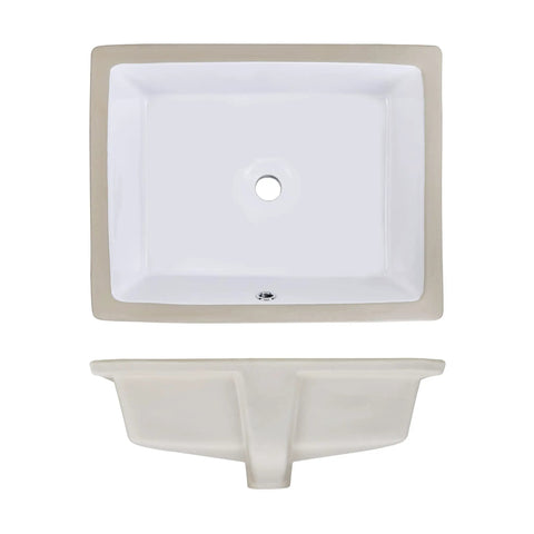 Rectangular Ceramic Undermount Bathroom Sink for Vanity 20 by 16 White Vitreous China Sleek Ultra Smooth Finish With Overhang Cutout Template Exterior 19 and a Half by 15 and a Half One Year Limited Warranty, top and side view