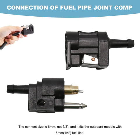 Six Millimeter Marine Fuel Line Connector Kit For Dockside Boat Lines With Male And Female Fittings Fits One Quarter Inch Hose Built For Outboard Motors And Fuel Tanks Three Piece Set shown with male and female fittings