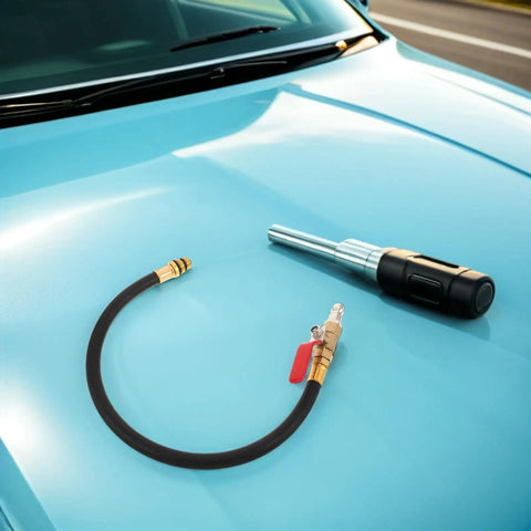 Top Rated Premium Boss Level European Cylinder Pressure Hose Rubber Alloy For Engine Leak Test Quick Connect No Leak Setup Fits Air Compressor And Auto Diagnostic Tools Easy Install Heavy Duty Performance For Garage Crew black rubber hose with brass quick-connect on car hood