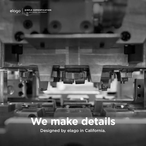 Close-up of industrial machine components with 'We make details' text, highlighting precision design crafted by elago in California.
