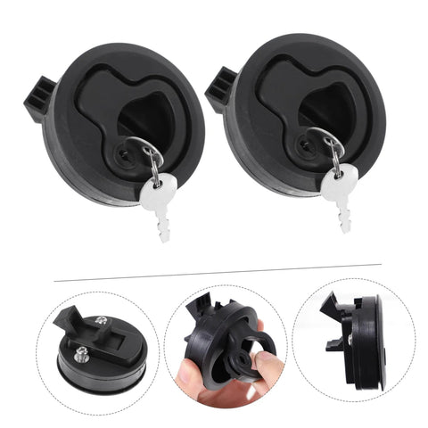 Front view: LIFKOME round flush-pull boat latches, black plastic, locking with two keys, set of 2