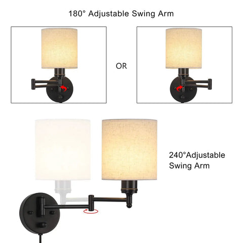 Plug In Wall Light Set Of 2 With Swing Arm Design, Linen Lampshades, showing 180 and 240-degree adjustable swing arms