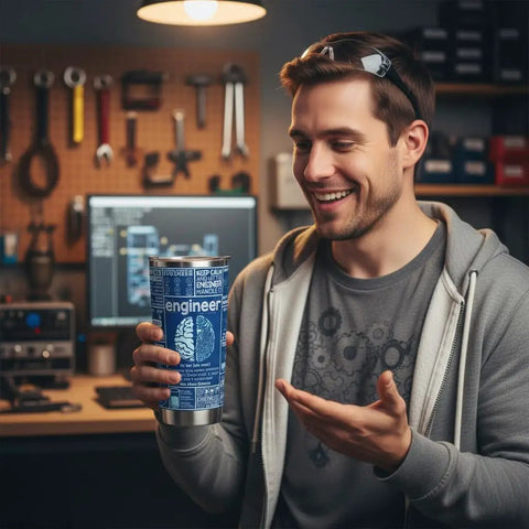 Smiling man holding 20 Oz Engineer Tumbler With Stainless Steel Insulated Cup For Engineers And Gearheads in a workshop.