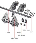 Must Have Sliding Barn Door Kit With Rolling Ladder Hardware showing iron track, pulleys, wheels, and screws for adjustable rail installation.