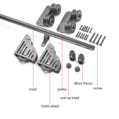 Top-Shelf Sliding Barn Door Hardware And Rolling Ladder Track Kit With Floor Roller Wheels For Library Staircase And Loft Setup parts layout including track, pulleys, and screws.