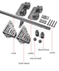 Sliding Library Ladder Kit From 3.3Ft To 20Ft Track System components including track, wheels, pulleys, screws displayed on white background