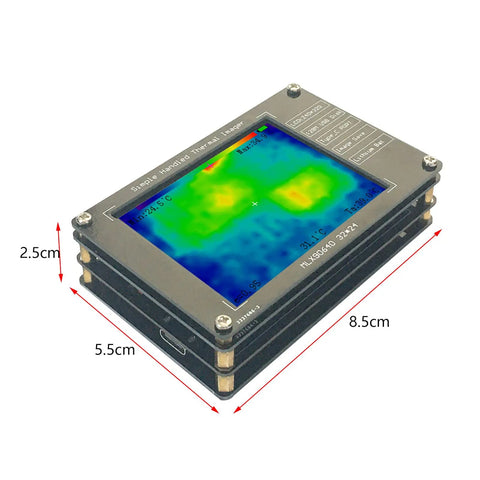 Portable Infrared Thermal Imager With 24 By 32 Pixel MLX90640 Sensor Non Contact Temperature Tester High Accuracy Camera Built In 1000mAh Battery Type C Charging Stores 100 Images Must Have Gear For Quick Electronic Testing, compact design, showing thermal map on screen.