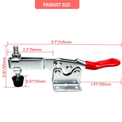 4 Pack 201B Quick Release Toggle Clamp Set, 300 Lbs Holding Capacity, Horizontal Antislip Woodworking Clamps dimensions view