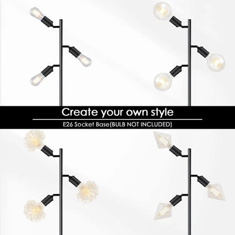 Industrial Floor Lamp With Three Adjustable Rotating Arms, Tree Style Standing Light, black finish, showing various bulb designs.