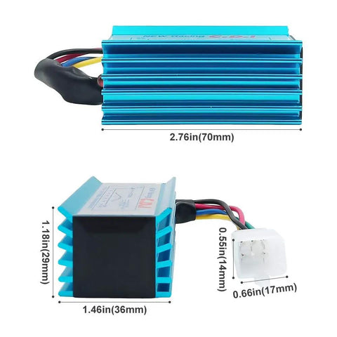 AC 5 Pin CDI Box For GY6 50cc To 160cc Engines Fits 139QMB 152QMI 157QMJ Beefed Up High Performance CDI Module shown from side and top angles.