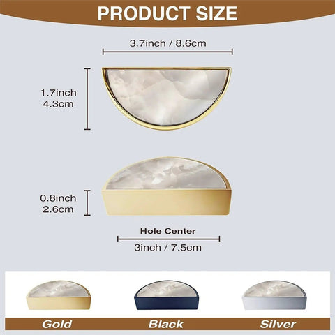 2 Pack Alabaster Cloud Stone Cabinet Pulls Gold Semicircle Drawer Handles With 3 Inch Center Hole Durable Solid Cabinet Hardware For Kitchen Vanity Bathroom Dresser Marble And Agate Inspired Patterns For Luxury Home size details in gold, black, and silver options.
