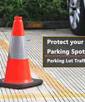 Heavy Duty Orange Traffic Cones Set of 5, 18 Inch PVC With Black Base and 6 Inch Reflective Collar, Windproof, High Visibility next to car