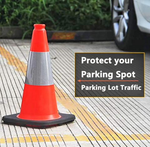 Heavy Duty Orange Traffic Cones Set of 5, 18 Inch PVC With Black Base and 6 Inch Reflective Collar, Windproof, High Visibility next to car