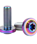 Front view of Rainbow Titanium M8x20mm Torx Head Bolts Set Of 4, Grade 5 6AL/4V Titanium Alloy, showing vibrant colors.