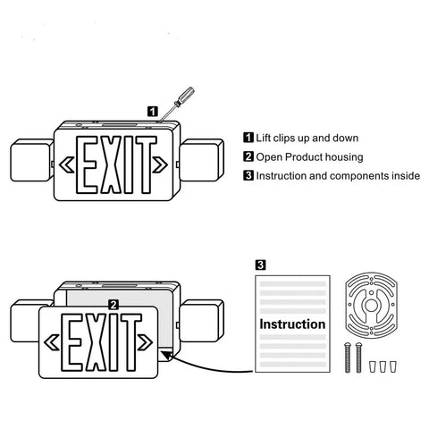 Diagram of 2 Pack LED Exit Sign With Battery Backup And Emergency Lighting UL 924 120 277 VAC Dual Adjustable Head Lights with instructions.