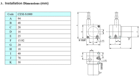 Technical drawing of One Meter Stroke Linear String Pot Encoder Sensor With 6 Digit Digital Counter Display including installation dimensions.