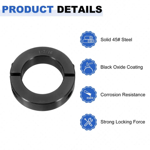 Split Shaft Collar Set, Two Piece Clamping Collar For 1-7/16 Inch Shaft with Black Oxide Steel, showcasing solid 45# steel and resistance features.