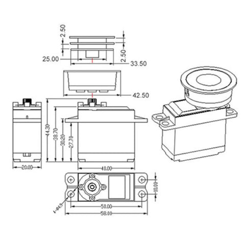 Technical diagram of Beefed Up 8Kg Sail Winch Servo With 360 Degree Rotation High Speed 0.40s Metal Gear for RC Boats