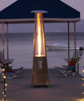 Propane Pyramid Patio Heater With Quartz Glass Tube, 40,000 BTU on outdoor deck at sunset, stainless steel construction