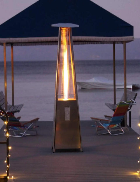 Propane Pyramid Patio Heater With Quartz Glass Tube, 40,000 BTU on outdoor deck at sunset, stainless steel construction