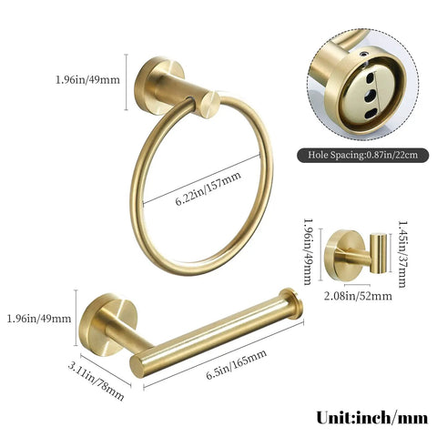 Brushed Gold Bathroom Hardware Set With Toilet Paper Holder Towel Ring And Robe Hook Stainless Steel Wall Mount 3 Piece Bath Accessories