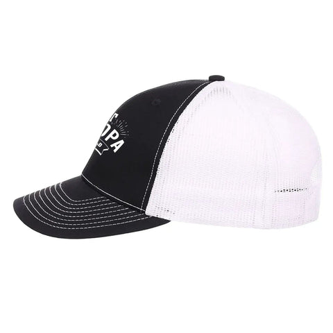 Side view of Funny Grandpa Trucker Hat For Men And Women Unisex Adjustable Cap Breathable Mesh Perfect For Outdoors And Water Days.