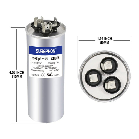 Heavy Duty Dual Run Start Capacitor 35 And 5uF For AC Units Fans Motors Heat Pumps Condensers 370V 440VAC CBB65 UL Listed E325324 5 Percent Tolerance Built To Last with terminal close-up