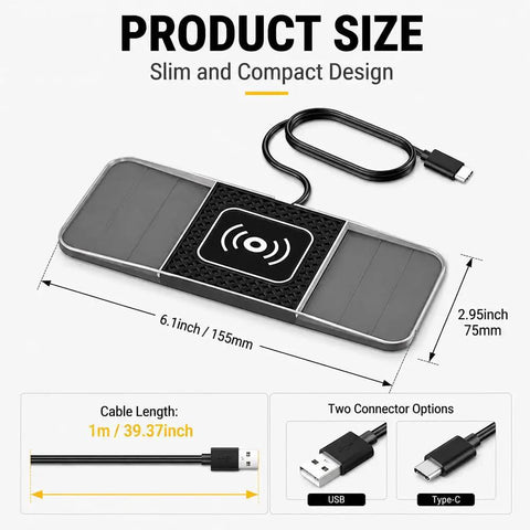 Slick Wireless Charging Pad For Chevrolet Blazer EV 2024 Through 2026 Serving Up 20W Fast Charge, compact dimensions with USB and Type-C connectors.
