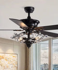 Crystal Ceiling Fan With Light And Remote Features Five Reversible Wood Blades To Deliver Buttery Smooth Airflow And Bring Major Chill To Every Home Space in a modern living room.