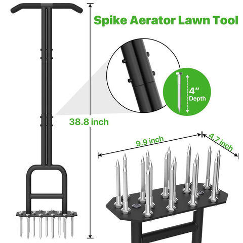 Heavy Duty Lawn Aerator Spike Tool With 18 Steel Spikes And 38.8 Inch Manual Handle For Grass And Yard Care, side view