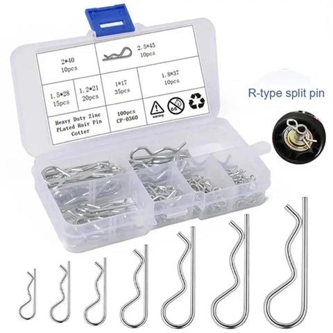 Cotter Pin Assortment Kit Six Box Set with stainless steel R-type split pins and locking split pins displayed in a plastic case
