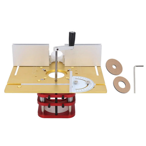 Heavy Duty Manual Router Lift System With Dead Nuts Accurate Metal Table Insert Slick Crank Depth Control Fits 64 To 66 Mm Motor Mounts For Woodworking Shops on a gold and red plate.