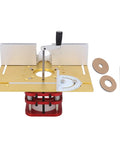 Heavy Duty Manual Router Lift Kit With Tough As Nails Aluminum Steel Build, featuring a gold top plate and red base for precise height adjustments.