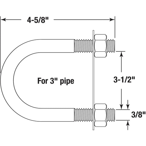 Diagram of U Bolts Round Bend For Three Inch Pipe With Three Eighths Sixteen Thread Zinc Plated Ten Pack measurements