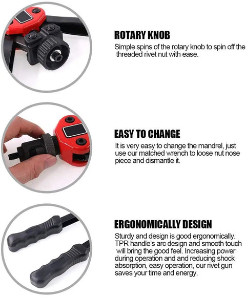 Rivet Nut Gun Kit 1510 Pcs Hand Rivet Nut Tool with rotary knob, mandrel change, ergonomic handles.