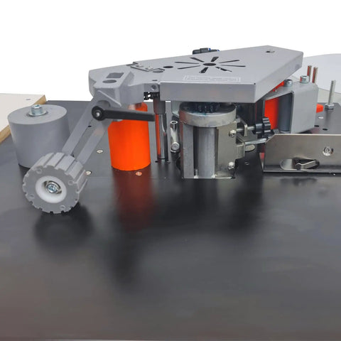 Full Auto Edge Banding Machine Woodworking Benchtop Station With Double Side Gluing And Auto Tape Cut Heavy Duty 110V showing precision components.